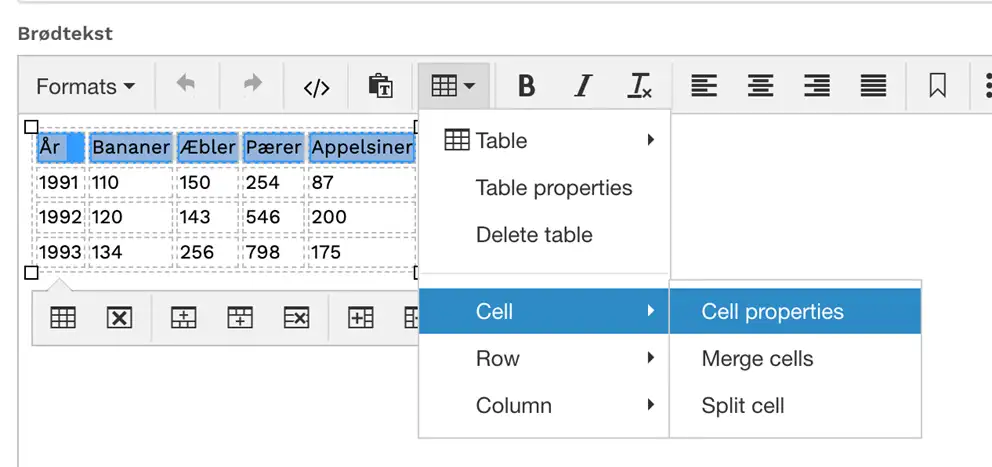 Cell properties findes i samme drop-down som tabellens generelle indstillinger.