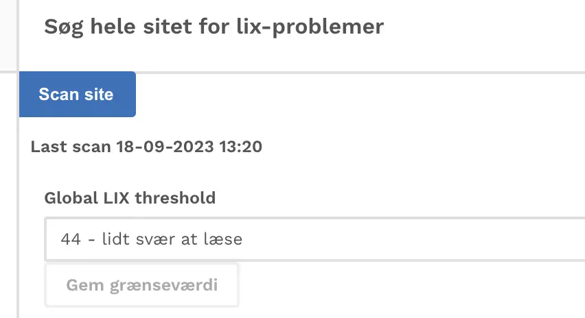 Billedet viser dropdown til valg af gr&aelig;nsev&aelig;rdi i l&aelig;sbarhedstjekkeren.