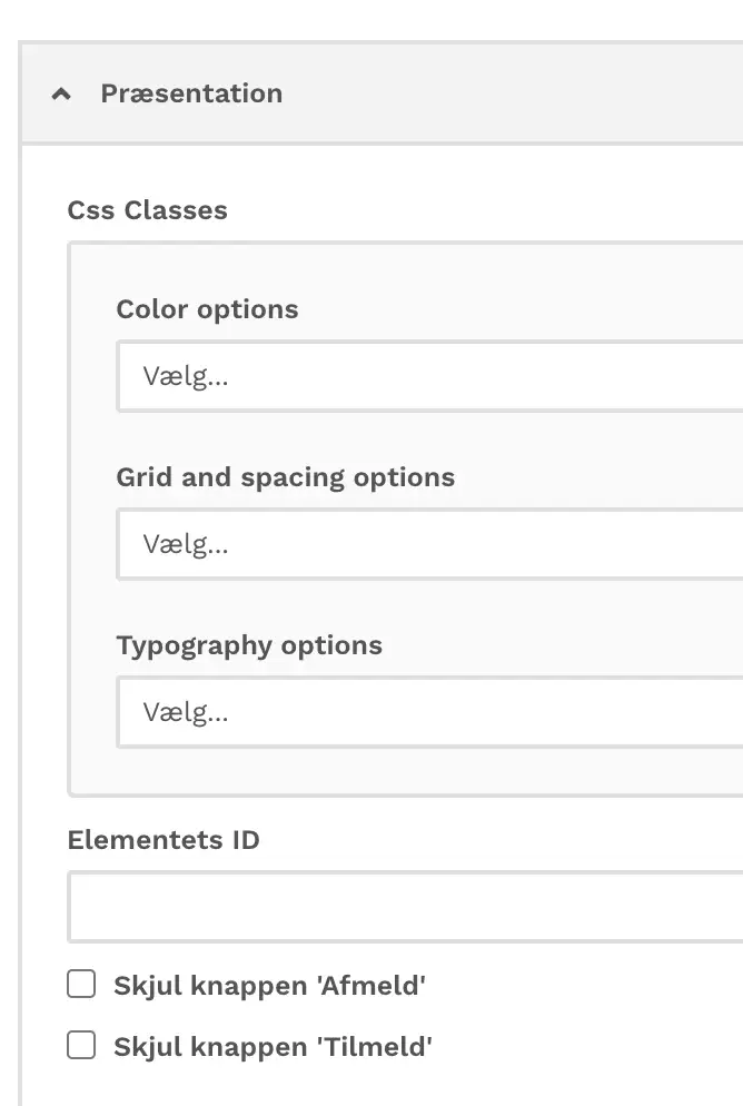 Billedet viser pr&aelig;sentationsindstillingerne i modulet.