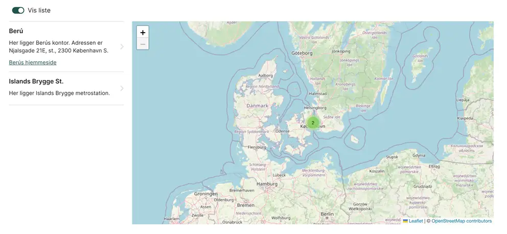 Billedet viser et eksempel p&aring; et kort med to steder, og det ene sted har udover navn og adresse ogs&aring; tilf&oslash;jet et link til stedets hjemmeside.
